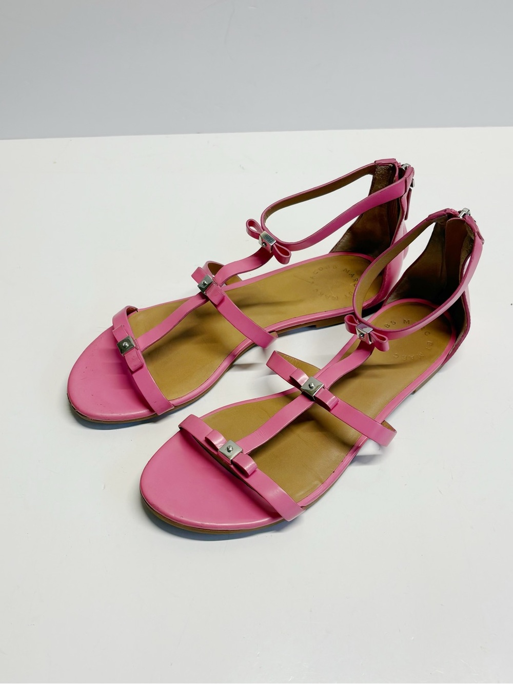 MARC JACOBS Womens Pink Cube Bows  Zip-Up Leather Strappy Flat Sandal 37